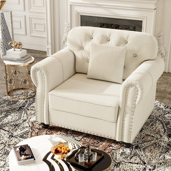 Dolonm 41.3" Velvet Chesterfield Sofa, Modern Luxury Single Sofa, Rolled Arms Couch with Pillows, Button Tufted, Beige