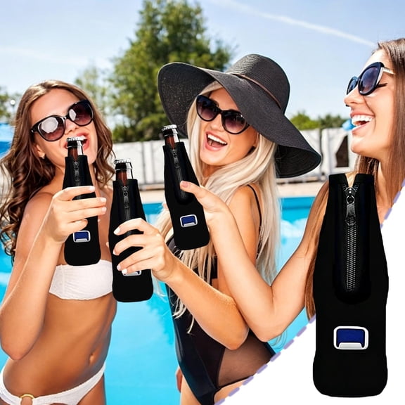 Beer Bottle Cooler Sleeve with Zipper, Insulated Cover for 330ml Bottles, Built-in Bottle Opener for Outdoor Parties