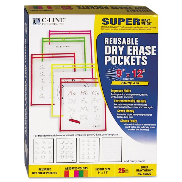 CLine Reusable Dry Erase Pockets, 9 x 12, Assorted Neon Colors, 25/Box
