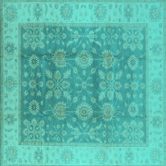Ahgly Company Machine Washable Indoor Square Oriental Turquoise Blue Traditional Area Rugs, 4' Square