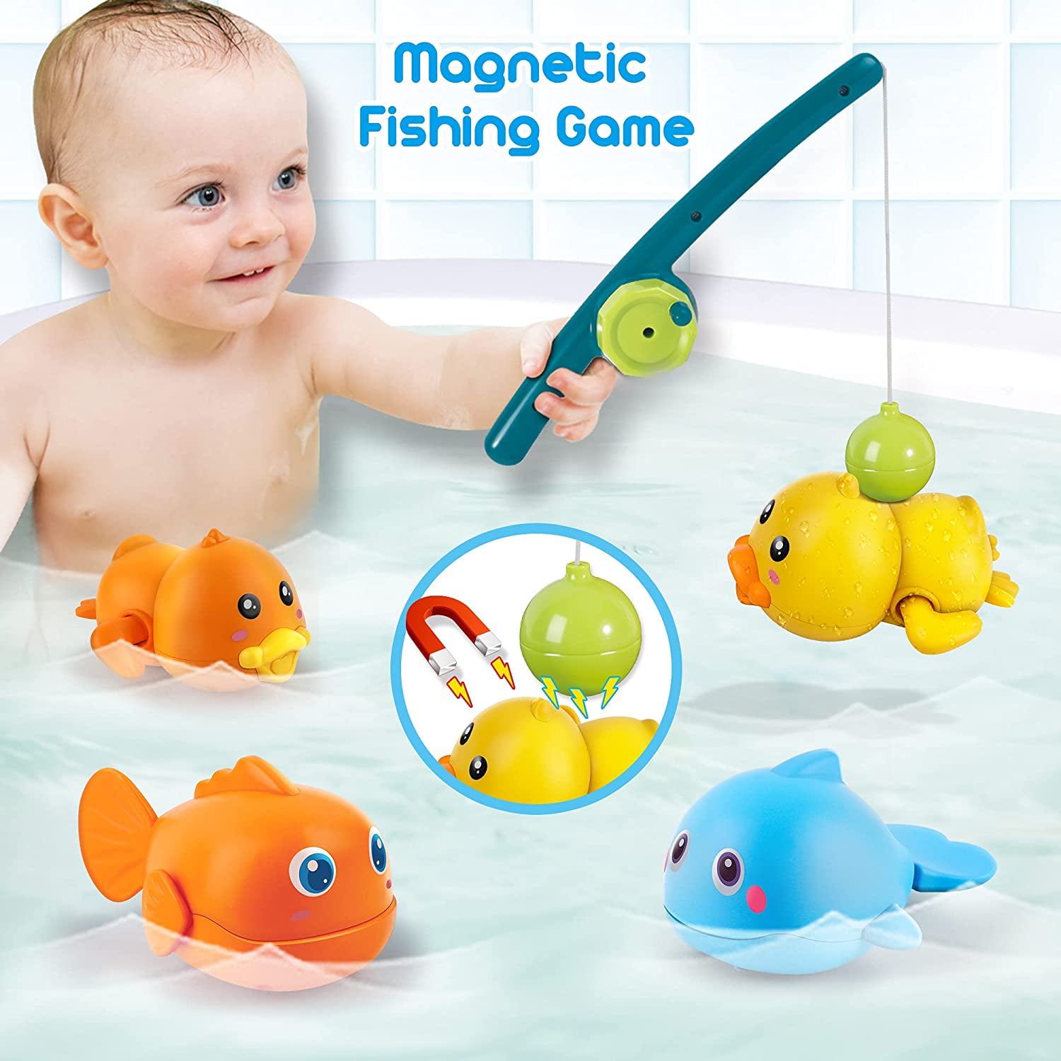 KinderUP kinderup bath toys magnetic fishing games wind-up swimming whales water  table pool bath fun time bathtub tub toy for toddlers