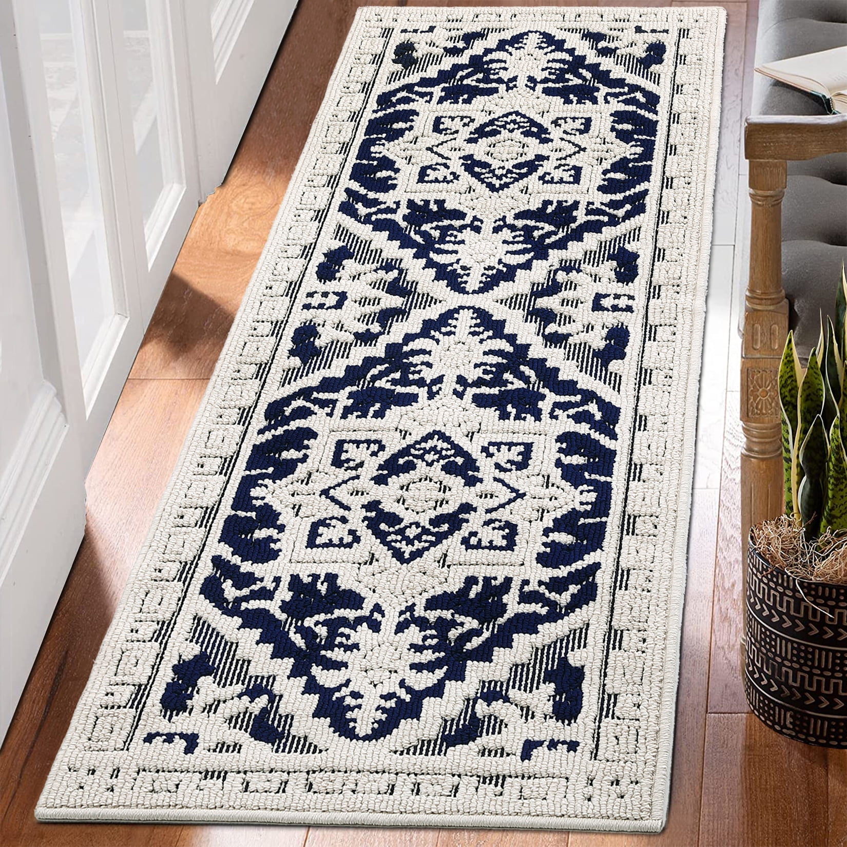Hasoo Runner Rug 2x6 Rug for Living Room Shag Rug Vintage Boho High Low Pile Medallion Throw Rugs, Navy