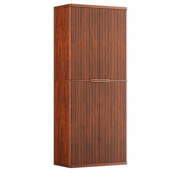 S-HOME Modern 72 Inch Tall Fluted Wood Pantry Storage Cabinet, Versatile 6 Door Organizer for Kitchen and Dining Areas, Walnut