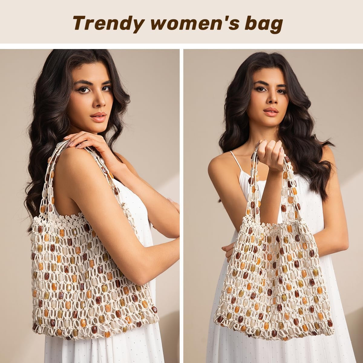 Women’s Crochet Beaded Shoulder Bag Lightweight Summer Tote Handbag