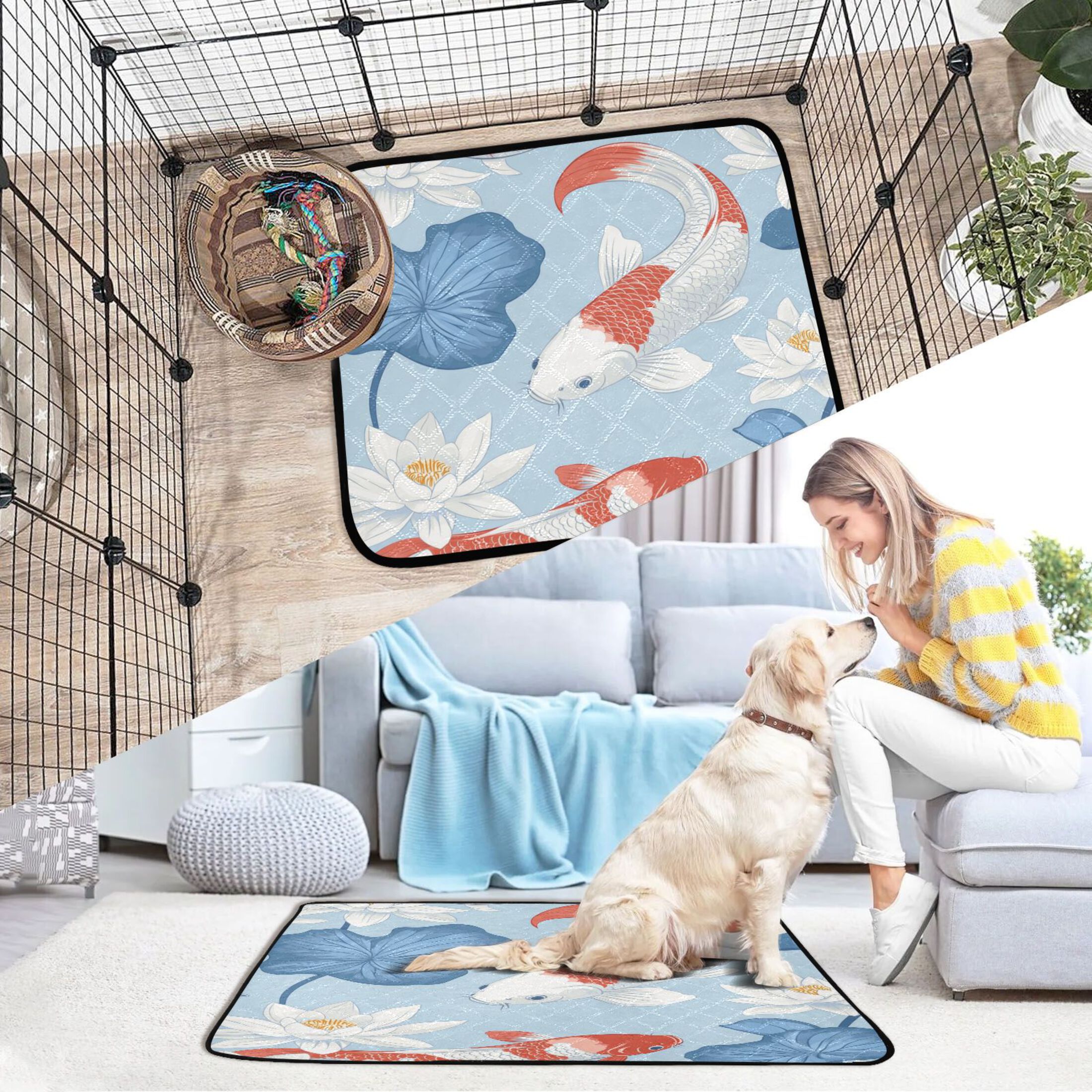 Qxltty Seamless Pattern Of White and Red Koi Fish Cat litter Pads Pet Set of 3 Diaper Mats Center Anti-leakage Layer Absorbent Soft and Comfortable