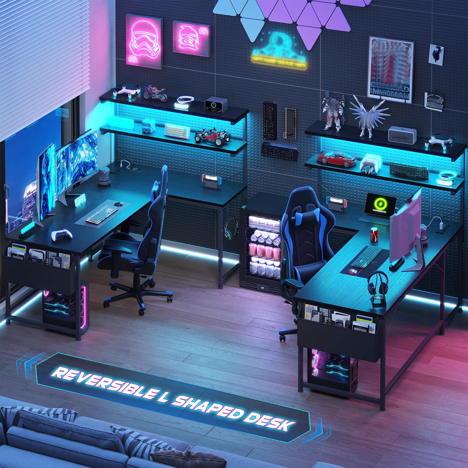 53 Inch L Shaped Desk Gaming Desk with LED Light & Power Outlet, Reversible L Shaped Computer Desk with Shelf & Storage Bag Gamer Corner Desk with Headphone Hook for Home Office Desk, Black