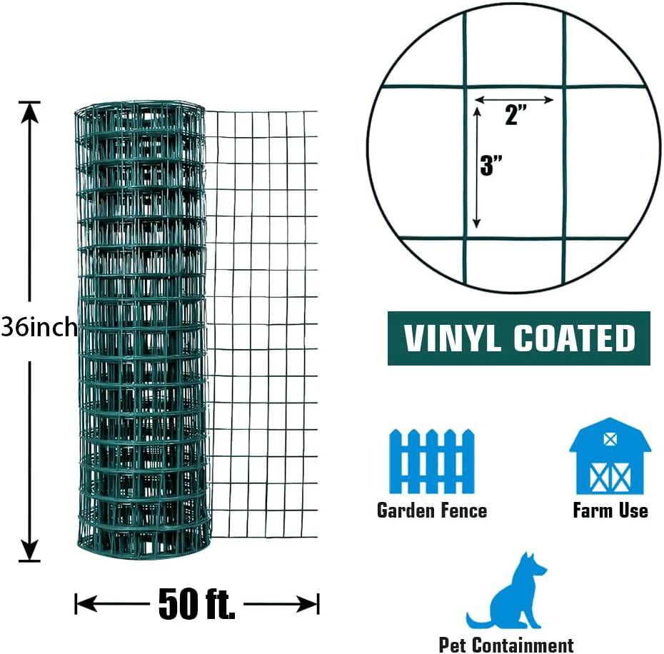Green PVC Coated Welded Wire Fence 36 Inch x 50 Foot, 2 Inch x 3 Inch 16GA, Garden Border Fencing Roll Vinyl Coating Metal Wire Mesh for Yard Vegetable Plant Protection Poultry Netting