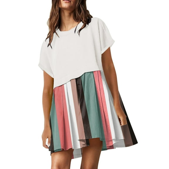 Nrmvnmi Womens Summer Crew Neck Short Sleeve Dress Solid Ruffle A Line Beach Boho Flowy Patchwork Pleated Mini Dress White SMothers Day Gifts