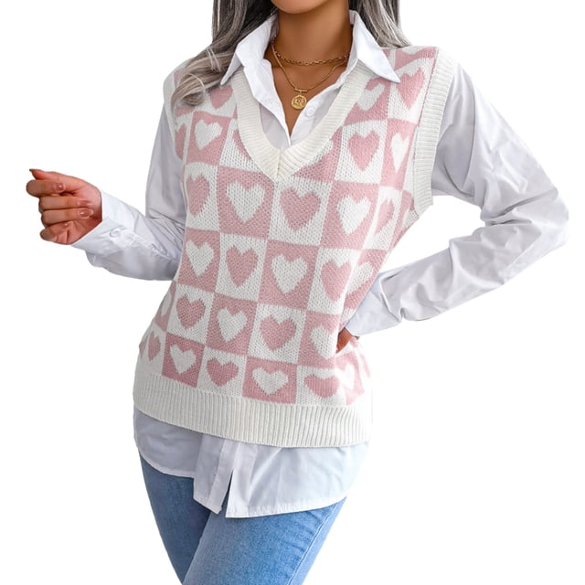 Suéter con cuello en V para mujer, chaleco con patrón de corazón dulce, suéter sin mangas, dobladillo acanalado, prendas de punto informales, Tops rosa S