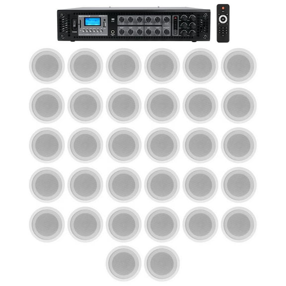 Rockville 6-Zone Amp 32 White 5" Ceiling Speakers for Restaurant/Bar/Cafe/Office