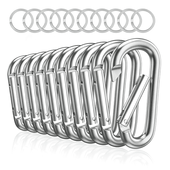 BZCOE 3" Aluminum Carabiner D Ring, Caribeener Clips, Spring Snap Hook for Keychain Clip, Set of 10 Carabiner Silver