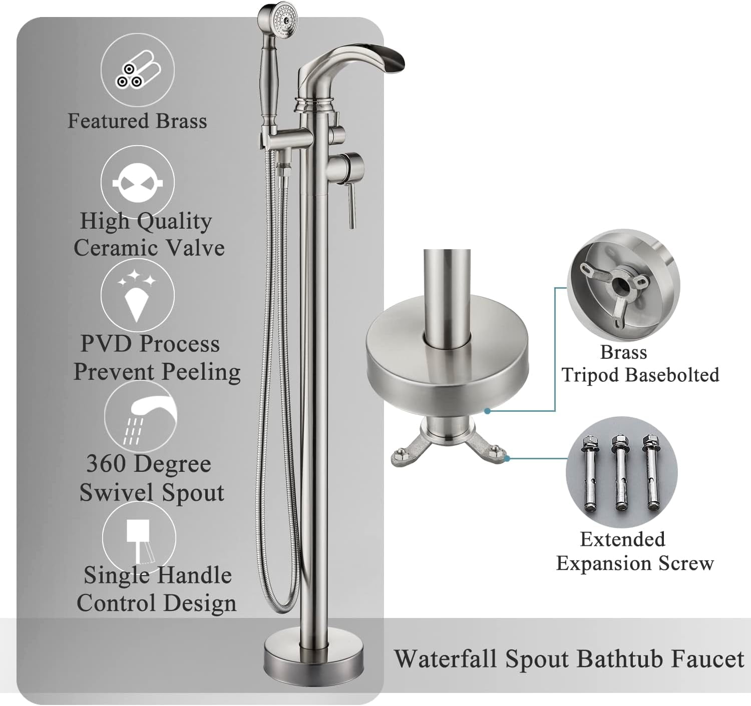 Zovajonia Brushed Nickel Bathroom Single Handle Freestanding Bathtub Faucet Floor Mounted Waterfall Tub Filler with Hand Shower Set