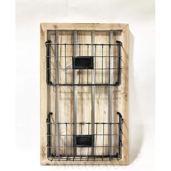 Designstyles Two Tier Magazine Holder – Wall Mounted Rack with Durable Wooden Frame and Grey Colored Metal Baskets – Organizes Files, Books, Letters, and Folders