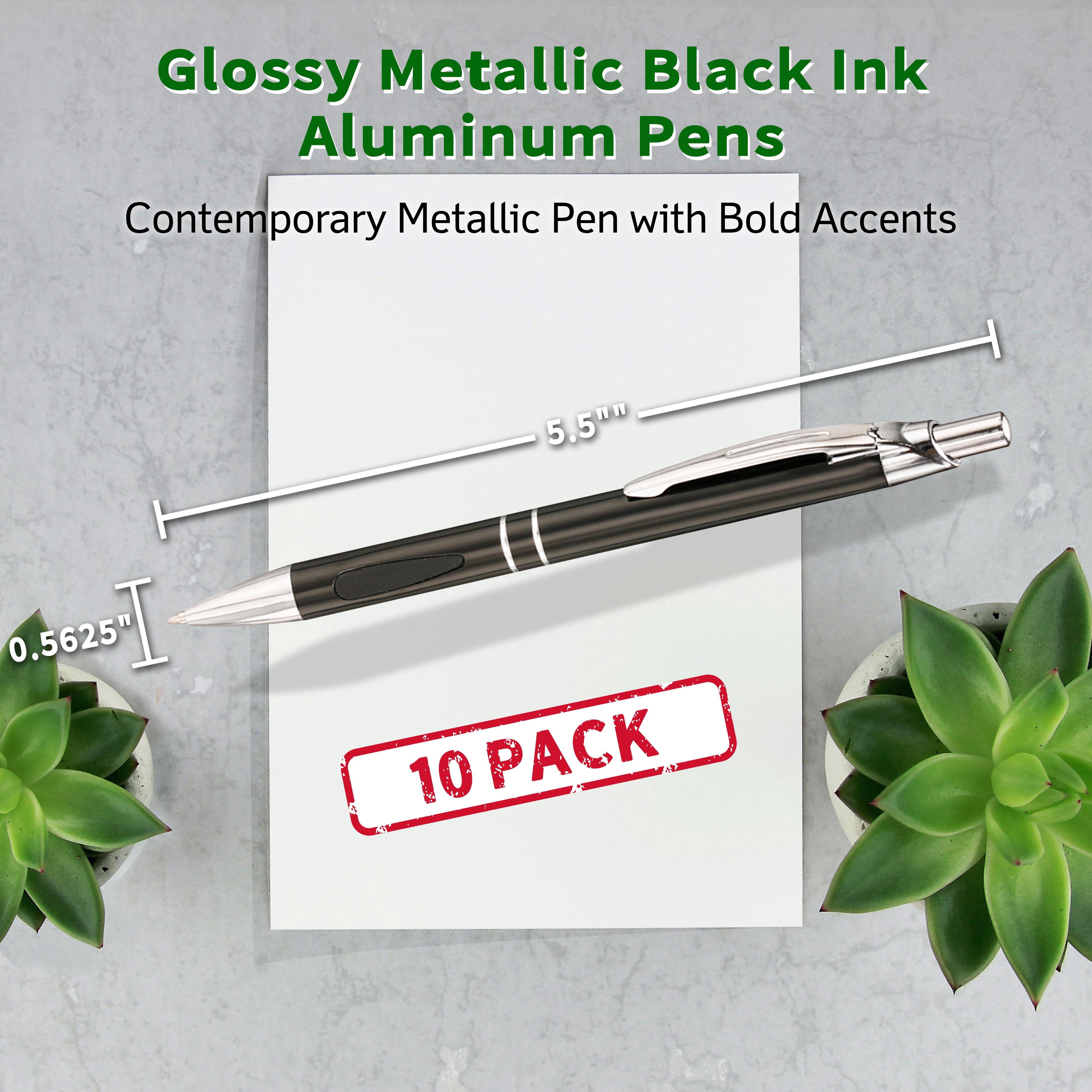 10 Black Ink Metal Pens Pack - Ballpoint, Retractable, Silver accents - Black