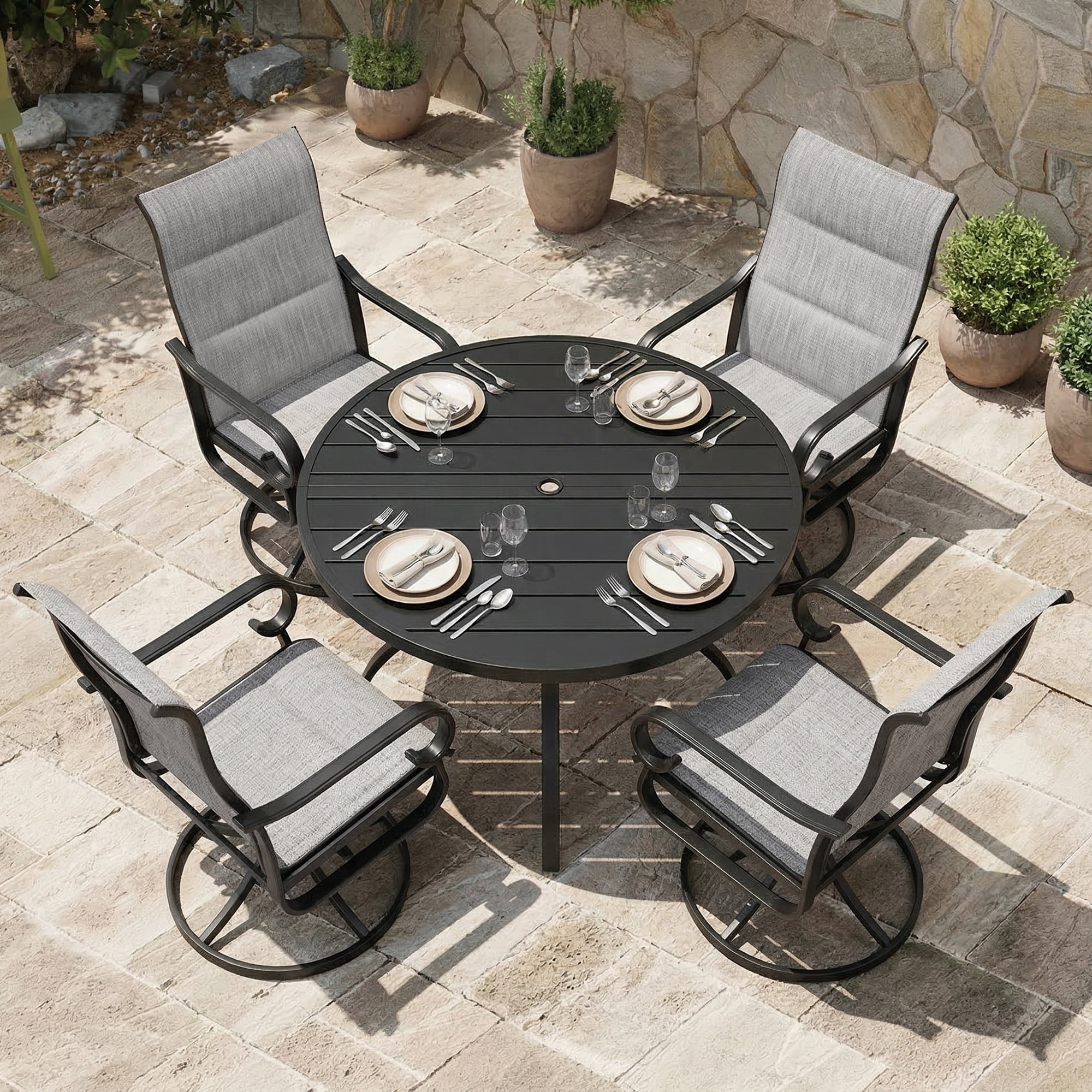 Nuu Garden 5-Piece Outdoor Dining Set, Padded Textilene Patio Table and Chair Set with Swivel Base, Outdoor Furniture Set with Umbrella Hole, Patio Dining Table Set for Garden, Backyard, Light Gray