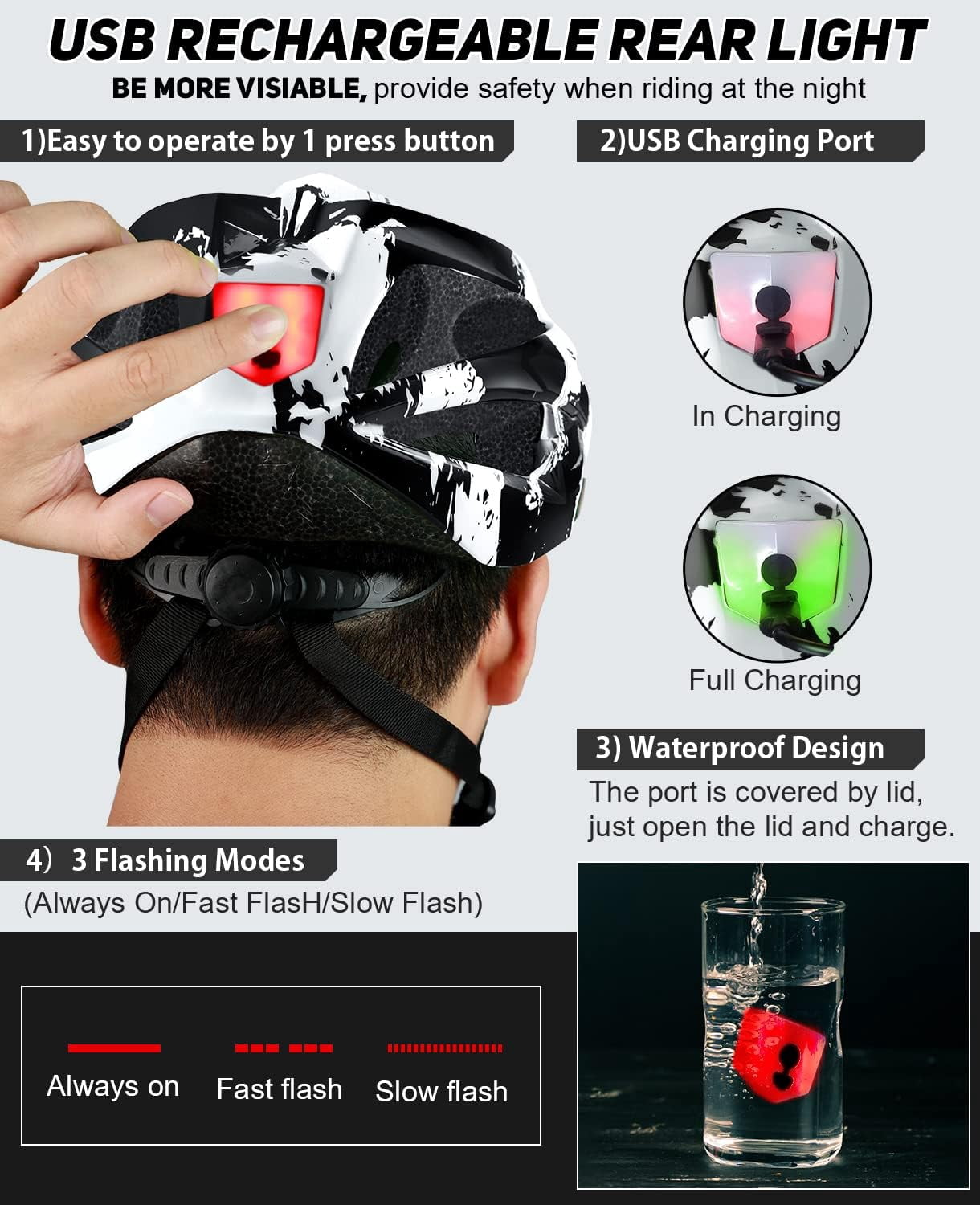 USB Rechargeable LED Light Cycling Helmet with Detachable Goggles and Sun Visor for Mountain & Road Biking