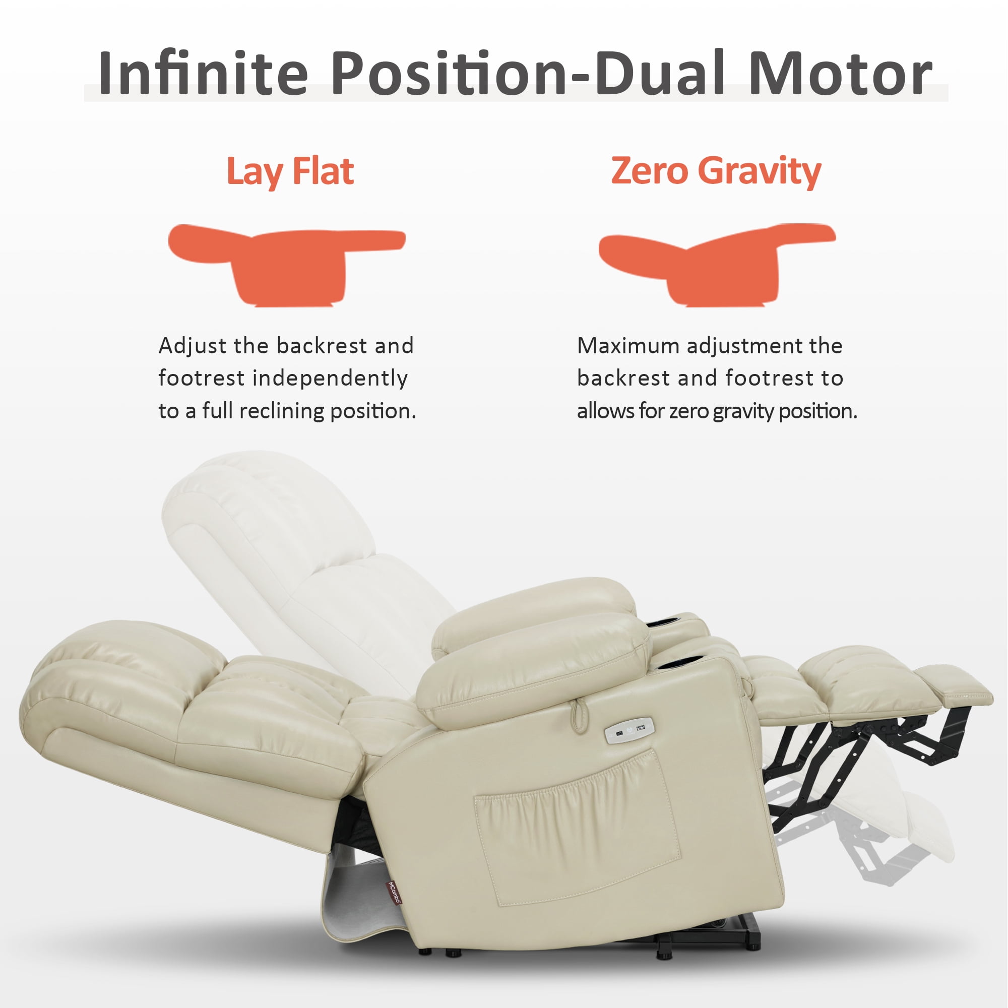 MCombo Large Lay Flat Dual Motor Power Lift Recliner for Big and Tall Elderly, Faux Leather(Cream White)