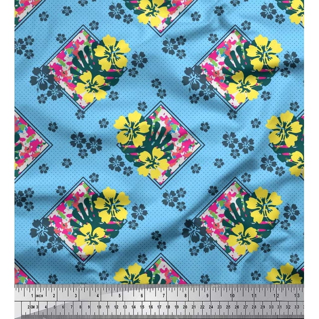 Soimoi Moss Georgette Fabric Dot,Floral & Monstera Leaves Print Sewing Fabric Yard 42 Inch Wide