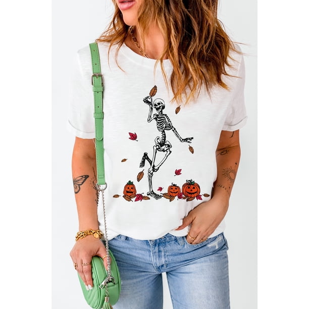 ABPHQTO Camiseta blanca con gráfico Walking Skeleton Fall Vibe para mujer