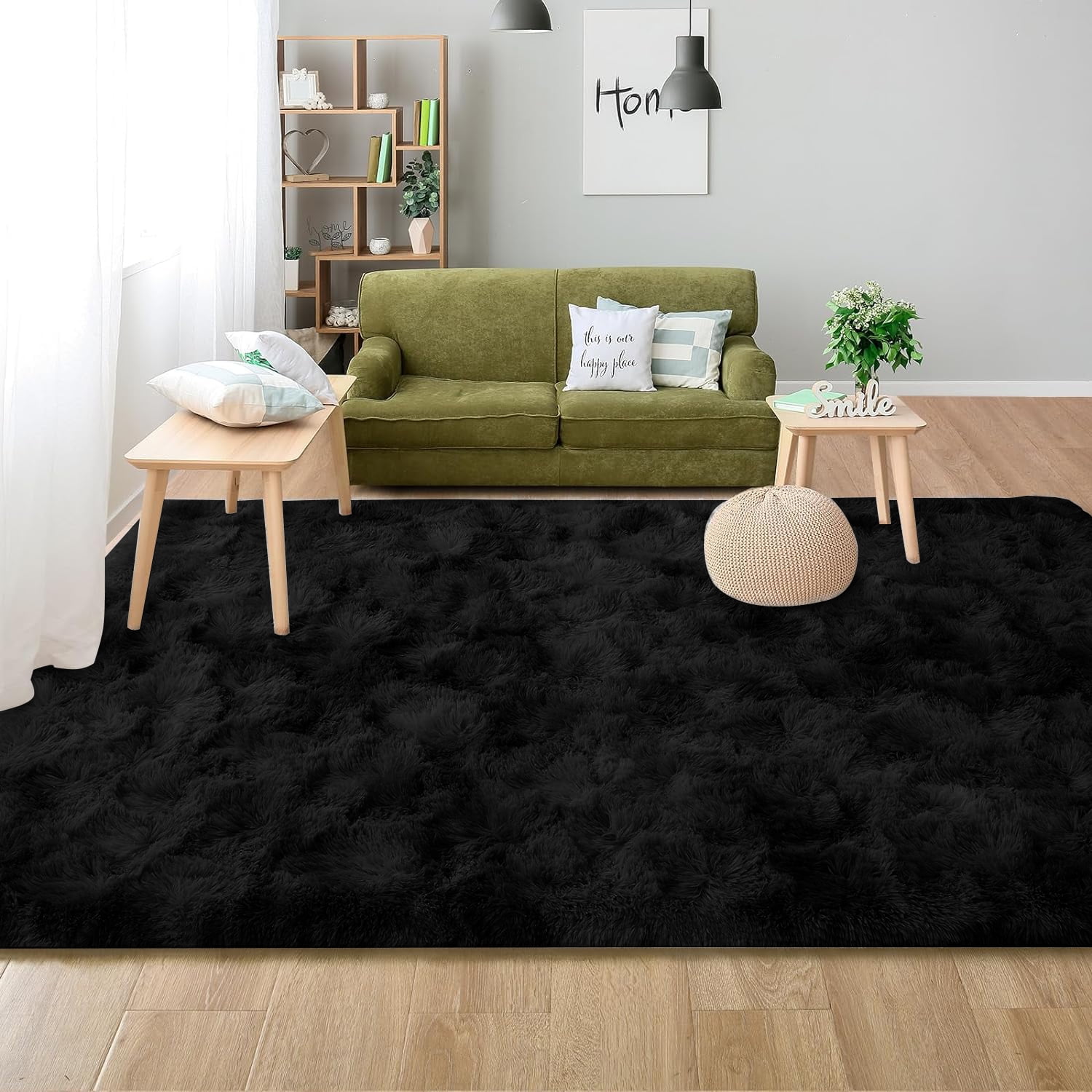 Debonair Super Soft Shaggy Rugs Fluffy Carpets 4x5.3 Feet Indoor Modern Plush Area Rugs for Living Room Bedroom Home Decor Upgrade Anti-Skid Rectangular Fuzzy Rug, Black