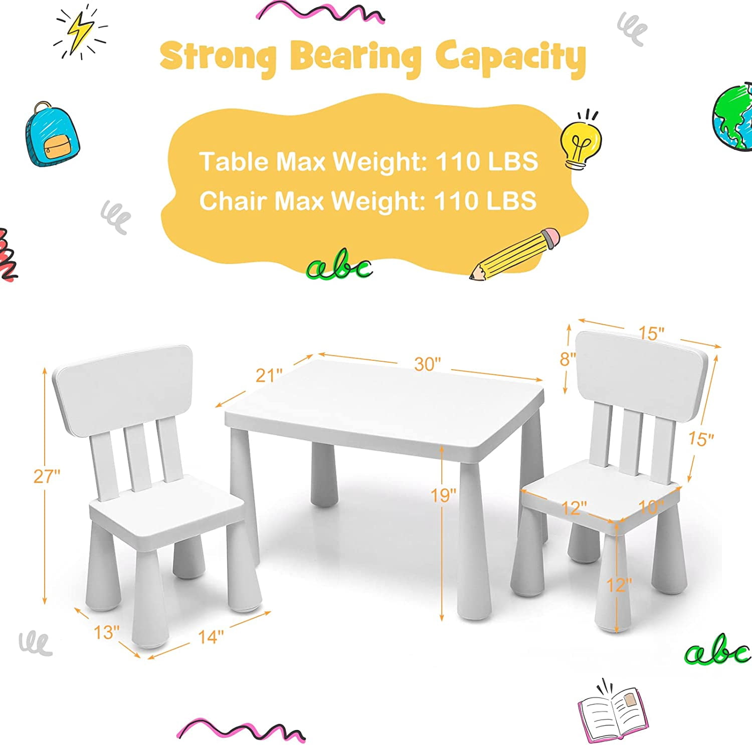 MAT EXPERT Kids Table and Chairs, 3-Piece Kids Furniture Activity Table for Reading, Learning, Eating, Toddler Table and Chair Set for Daycare Kindergarten Playroom, Ideal for Boys & Girls (White)