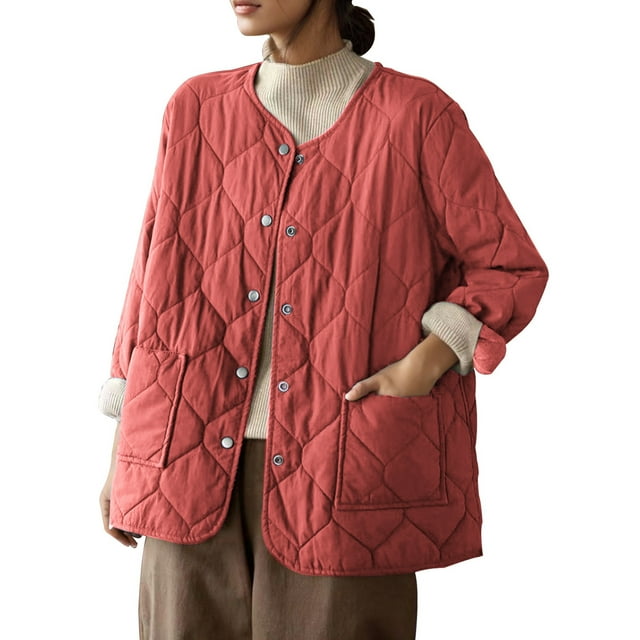 Women's Solid Color Round Neck Metal Button Plus Size Lightweight Coat Jacket Outerwear For Cold Weather