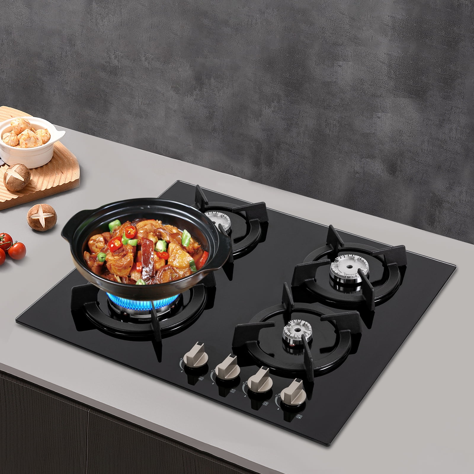 Gas Cooktop Stove Top 4 Burners NG/LPG Built-in Kitchen Gas Stove Tempered Glass for Homes, Restaurants