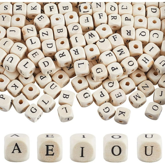 500Pcs Wooden Alphabet Beads Square Letter Beads Bulk with Nylon Thread Antique White Small 10mm Cube Natural Wood Spacer Bead Kit for Jewelry Bracelets Keychains Lanyards Supplies DIY Crafts