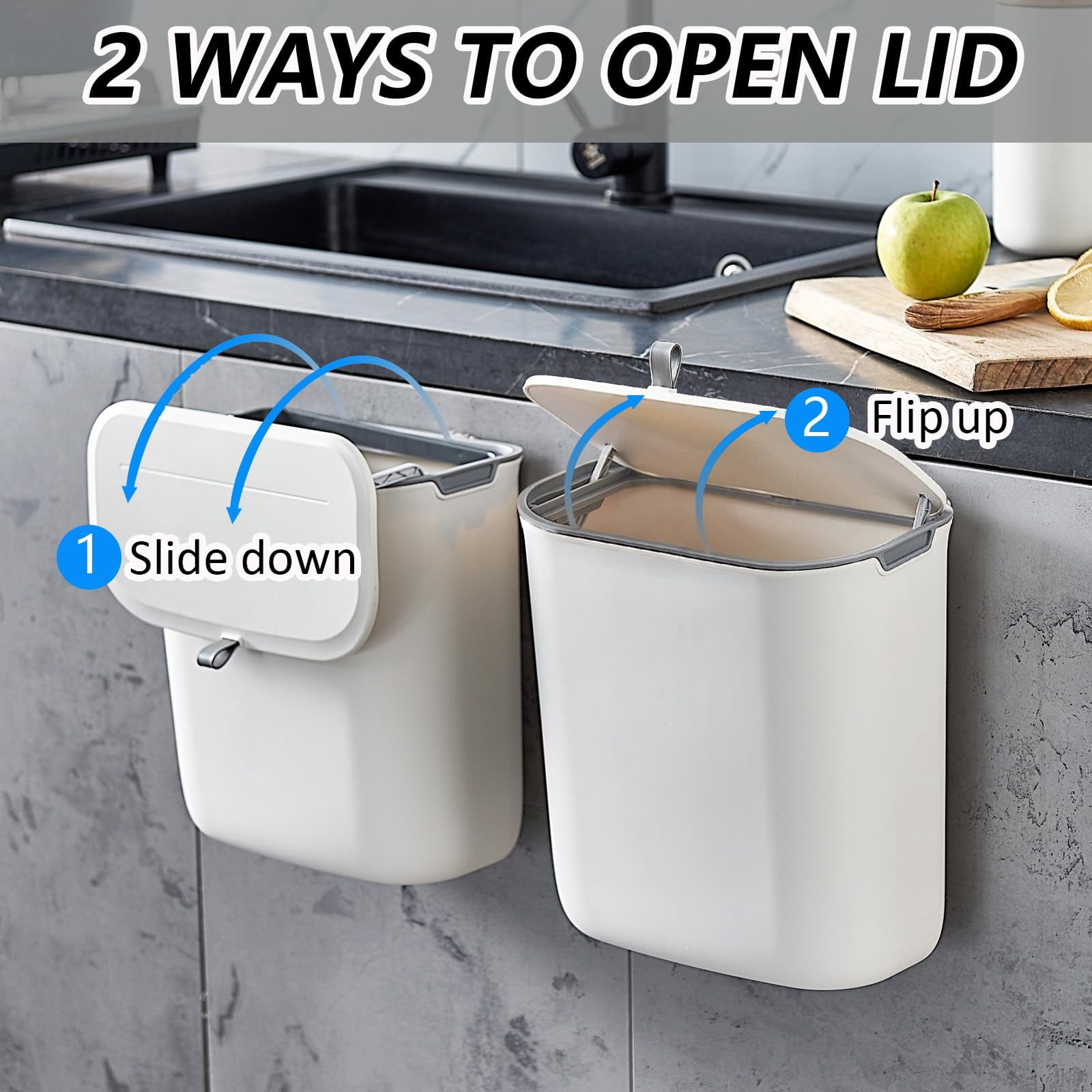 Kitchen Compost Bin, 2.5 Gallon Cabinet Door Hanging Trash Can, Bathroom Wall Sticking Trash Bin, No Fruit Flies Compost Bucket, Under Sink Trash Can Plastic Wall Mounted, White