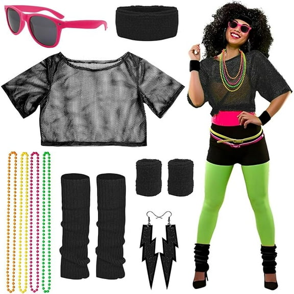 80s Costume for Women Mesh T-Shirt Leg Warmers Headband Wristbands Earrings Necklace and Sunglasses for 80s Costumes Carnival Christmas Halloween Black