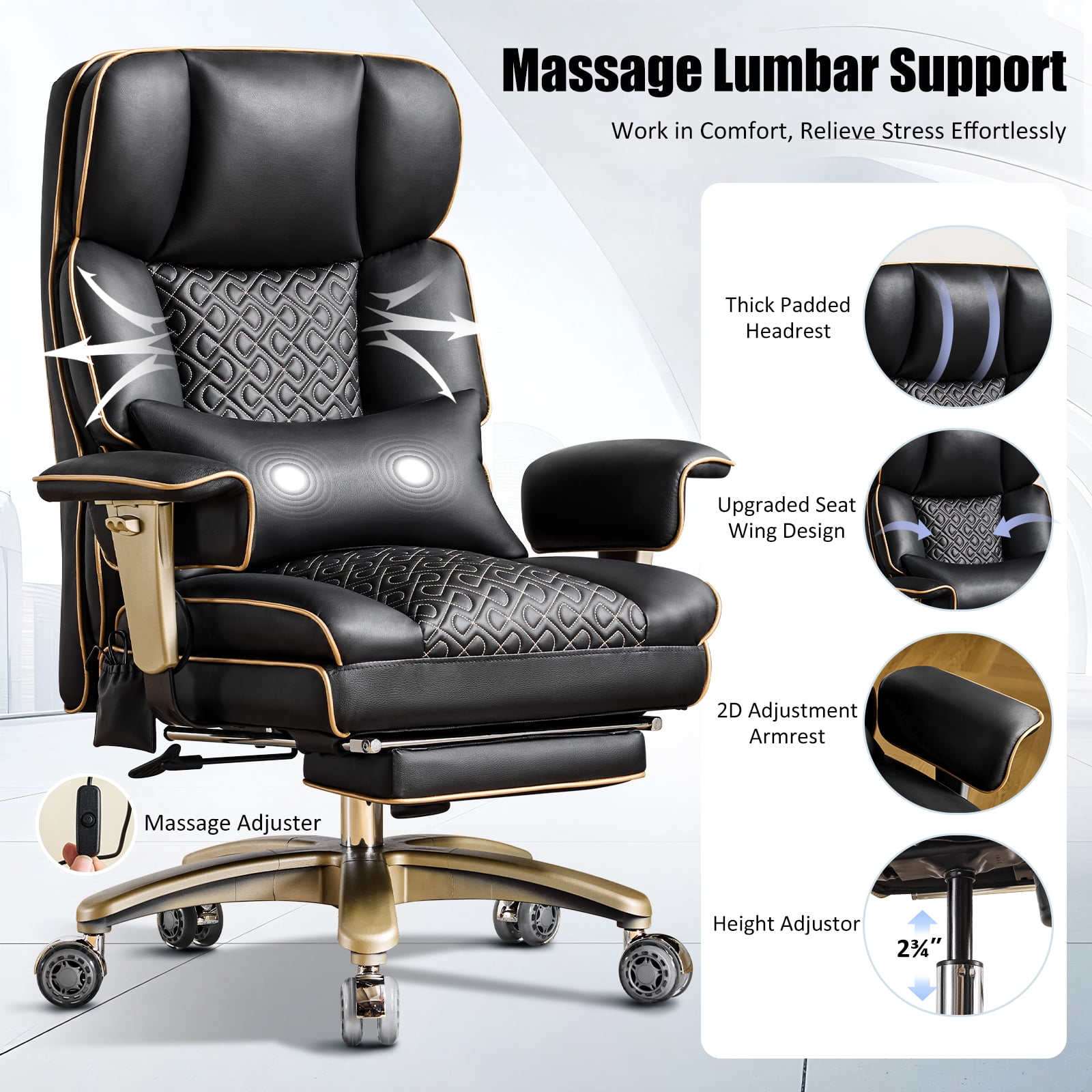 Falvinoryn Big and Tall Office Chair, Heavy-Duty Executive Office Chairs with Adjustable Lumbar and Quiet Rubber, Ergonomic High Back Computer Desk Chair, Black