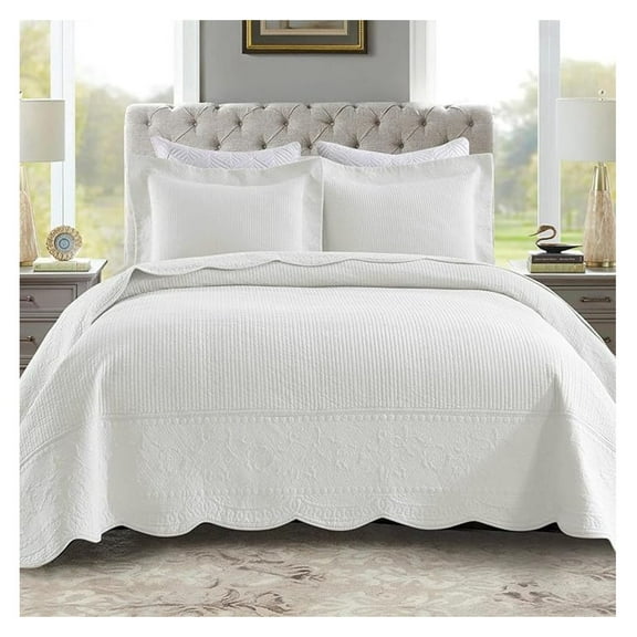 100% Cotton Oversized Bedspread Set - 3 Piece Lightweight Quilt Coverlet, Embroidery Farmhouse Bedding, Bright White, King (118"x106") Oversized King (118"x106") Tg Bright White