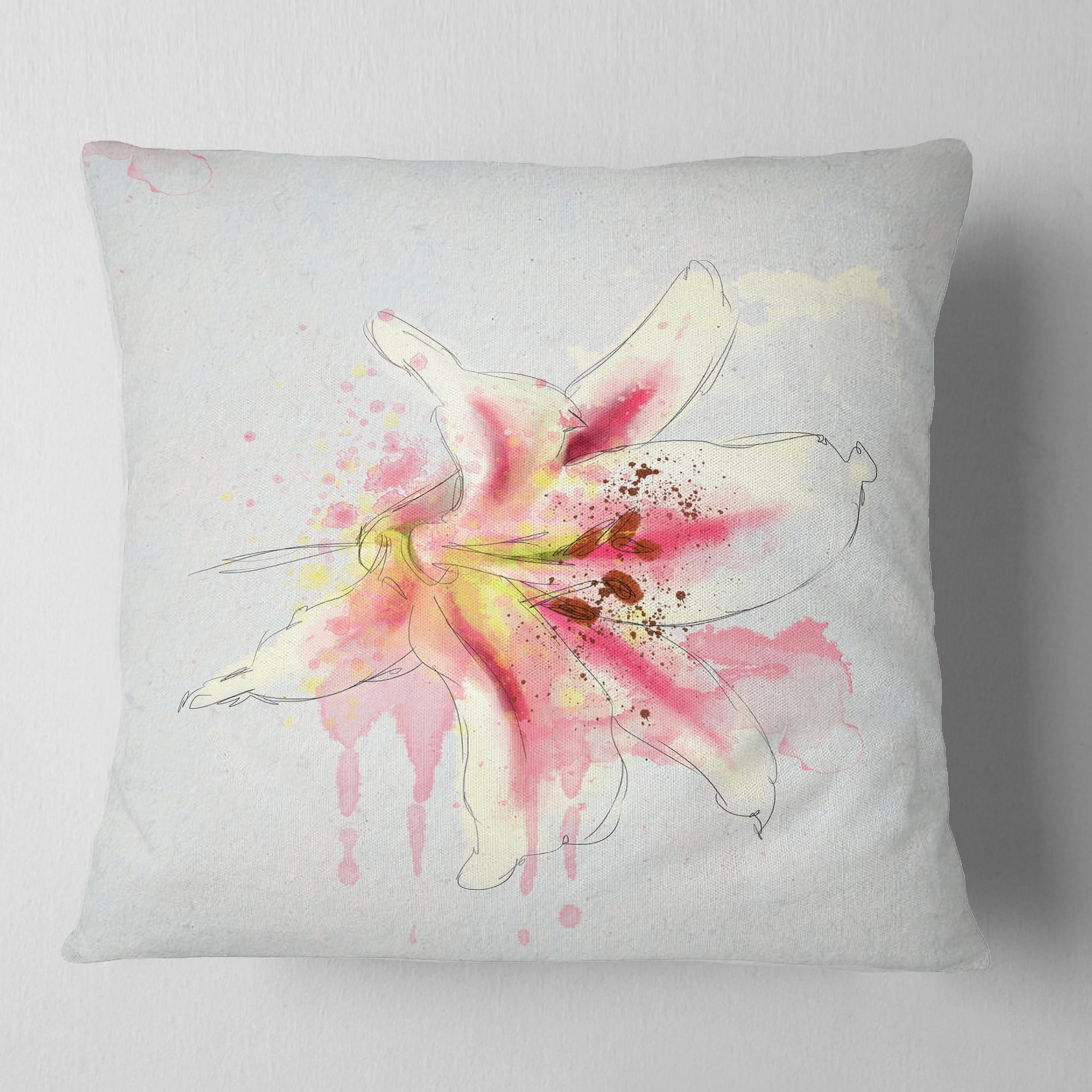 Designart Pink Yellow Lily Watercolor Sketch - Flowers Throw Pillowwork - 18x18