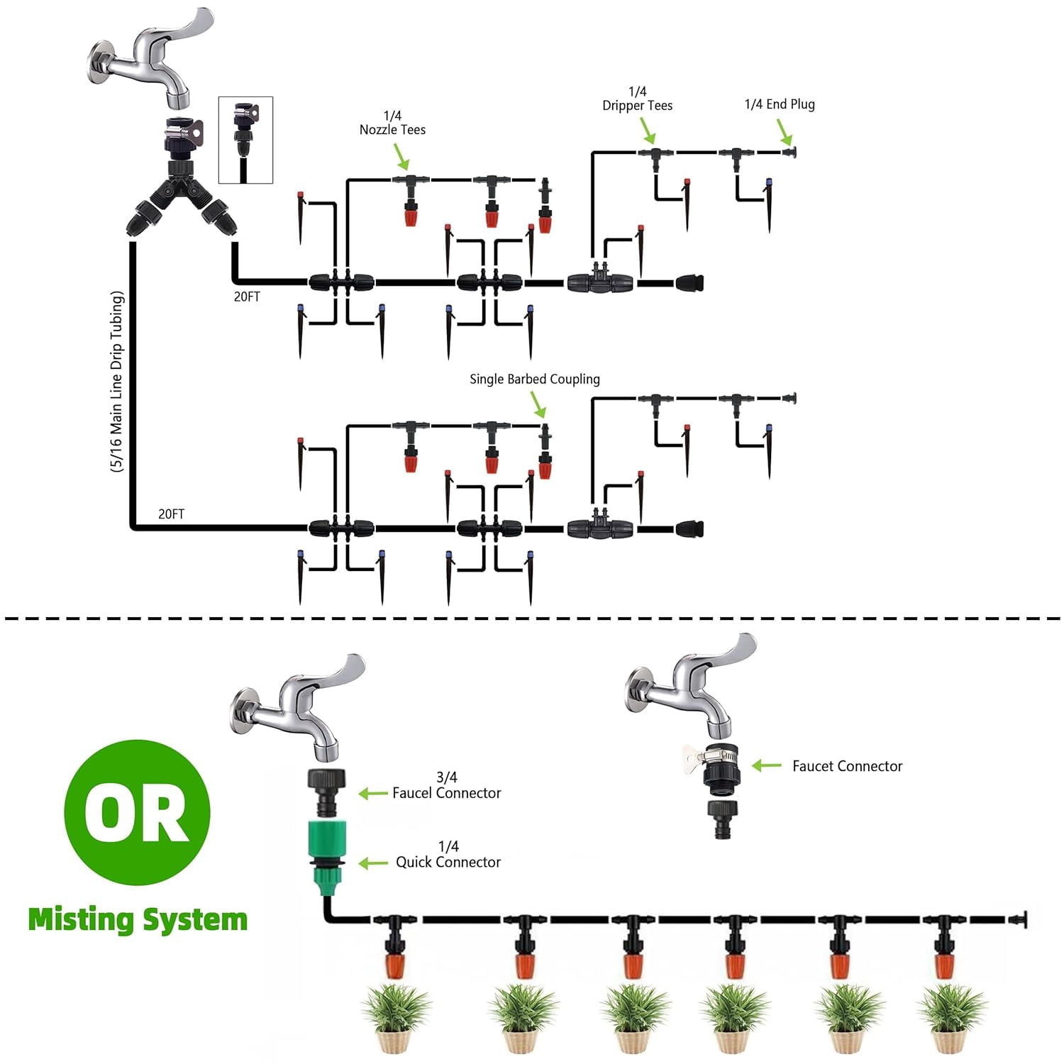 Drip Irrigation System Kit, 240 Ft Automatic DIY Garden Watering and Misting Set, Adjustable Drip Emitters, 5/16 in and 1/4 in Tubing, Connectors and Fittings