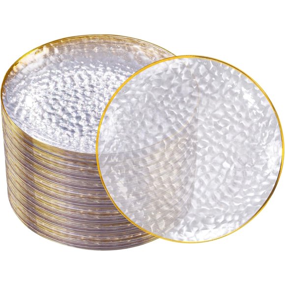 DaYammi 100 Pcs Clear Gold Plastic Plates, Hammered Party Plates, Clear Disposable Dessert Platos, 7 Inch Heavy duty Gold Plastic Dessert Platos Disposable For All Occasions
