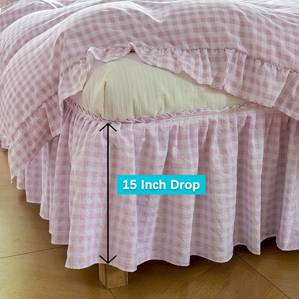 Pink Gingham Wrap Around Ruffled Bed Skirt with Lace Decor, Plaid Grid Adjustable Elastic Dust Ruffles for Queen Bed, 15 Inch Drop Farmhouse Cottage Pleated Bed Frame Cover(Pink Gingham, Queen)