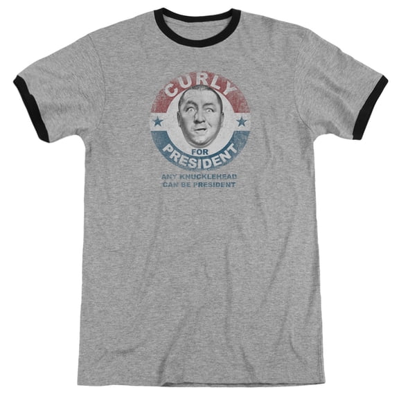 Three Stooges Curly For President Adult Ringer T-Shirt Heather Black