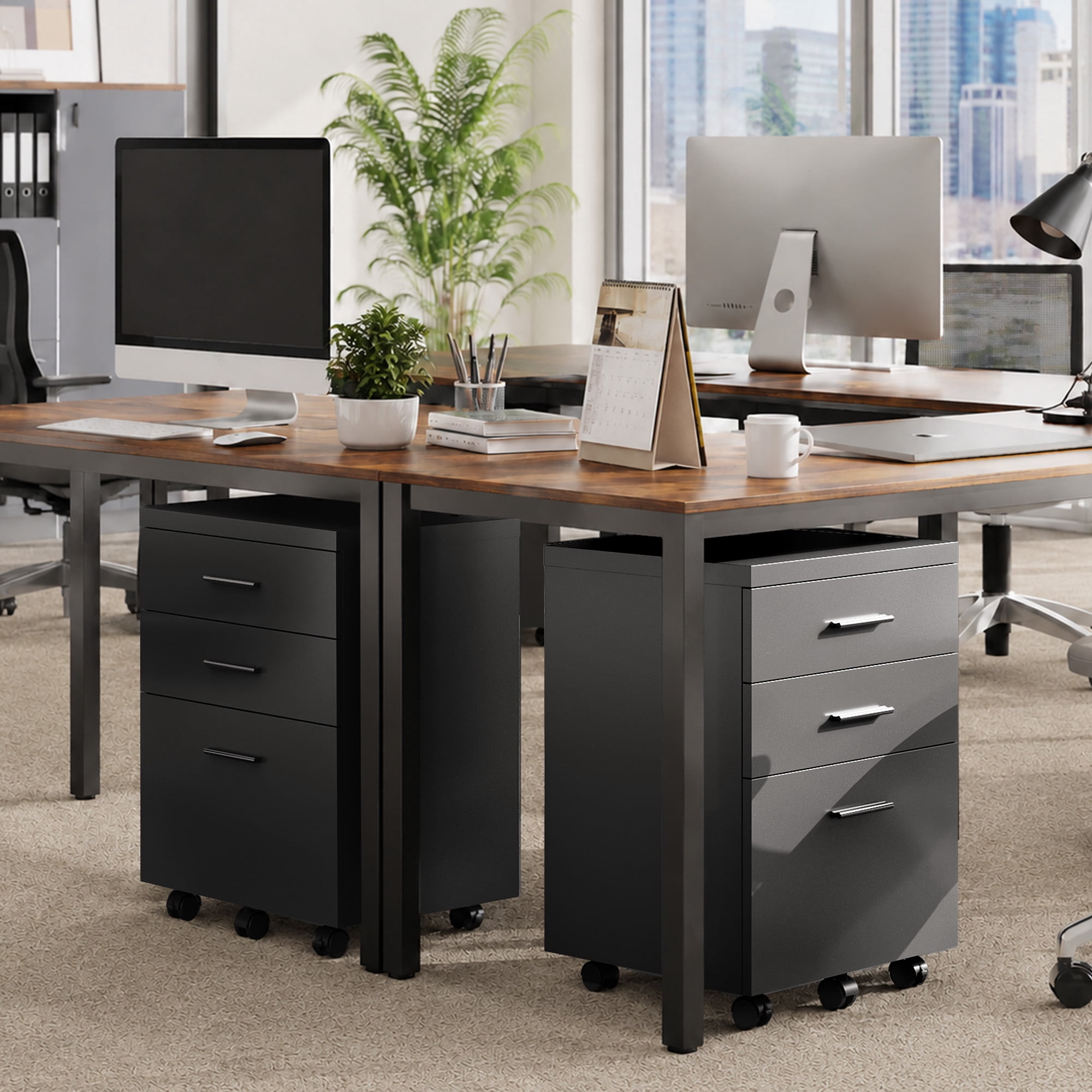 GALAXHERO Wood Rolling File Cabinet with 3 Drawers(Widen), Portable Vertical Mobile Wooden Storage Filing Cabinet, for Home Office, Black