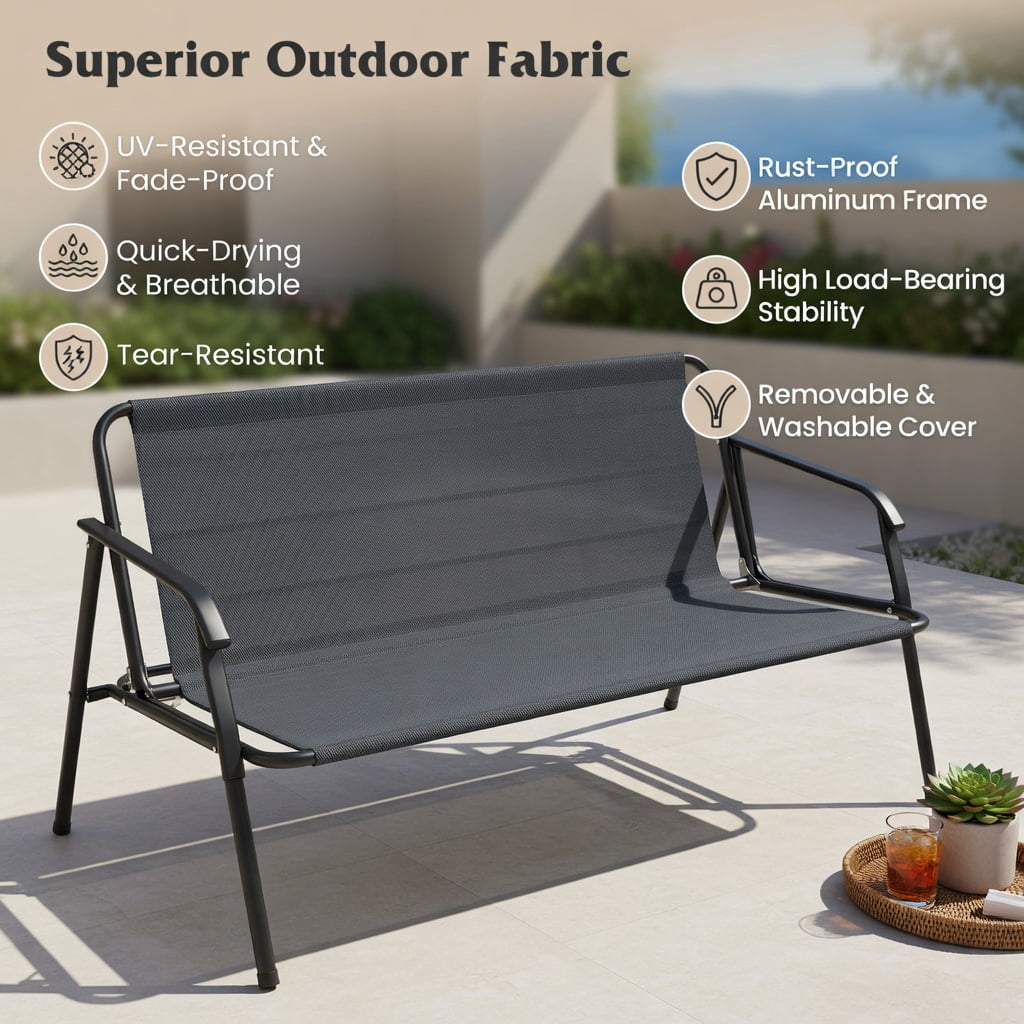 Hommoo 3-Person Outdoor Patio Swing Chair with Adjustable 60° Canopy, Thick Cushions, Foldable Side Trays & Heavy-Duty Steel Frame, Gray