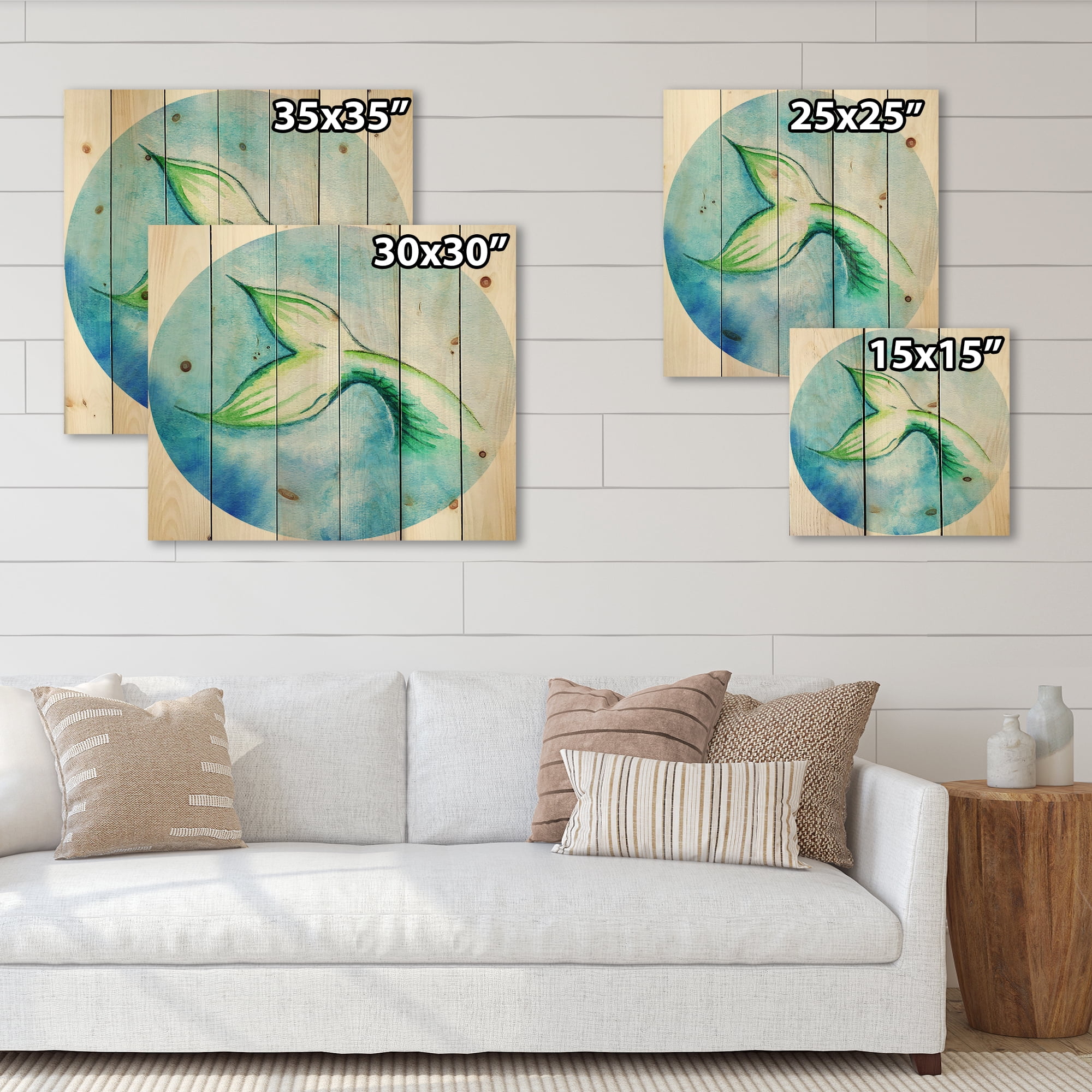 Designart 'Mermaid Green Fish Tail' Nautical & Coastal Print on Natural Pine Wood