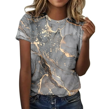 

Scrub Tops for Women Summer Flower Printed Shirts Short Sleeve O Neck Tee T Shirt Top