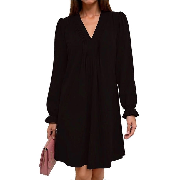Womens Casual Dress A-Line Ruffle Sleeve V Neck Midi Dress Fashion Pleated Flowy Sundress Loose Shirt Dresses navy blue XL