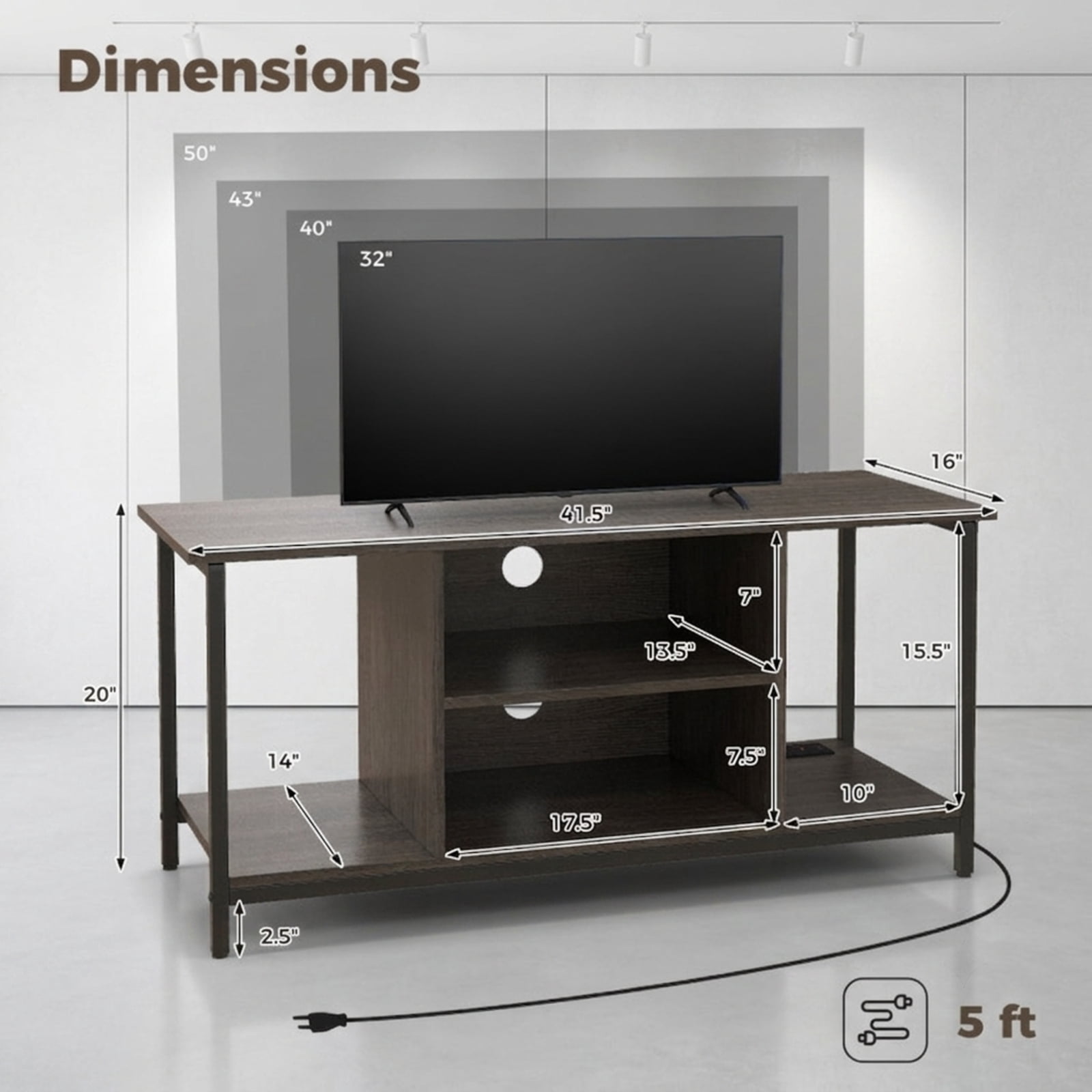 Furnibear 3 Tier TV Stand Entertainment Center with Power Outlet USB Ports and Adjustable Shelf for Living Room Media Storage, Gray