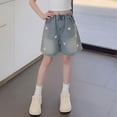thumbnail image 2 of MEZZALL Child Girls Blue Solid Color Denim Shorts Star Print Summer Casual Bottoms Kids Breathable Bottoms, 2 of 6