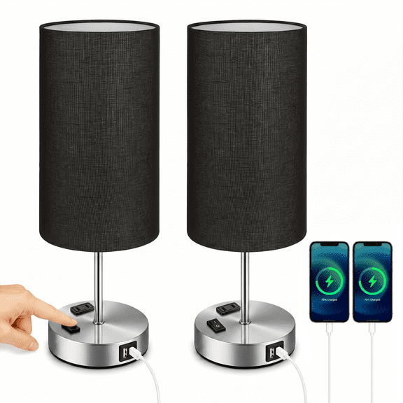 HOODINK Dimmable Table Lamps with USB Charging Ports And AC Outlet, 3-Way Switch Control Bedside Nightstand Lamps, Wood/Metal Base, Modern Desk Lamps for Bedroom, Living Room, Office, Bulbs Included