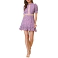 thumbnail image 5 of INSPIRE CHIC Women's Ruffle Neckline Printed Fit and Flare Ruffle Hem Lace-Inset Mini Dress M Pink Purple, 5 of 6