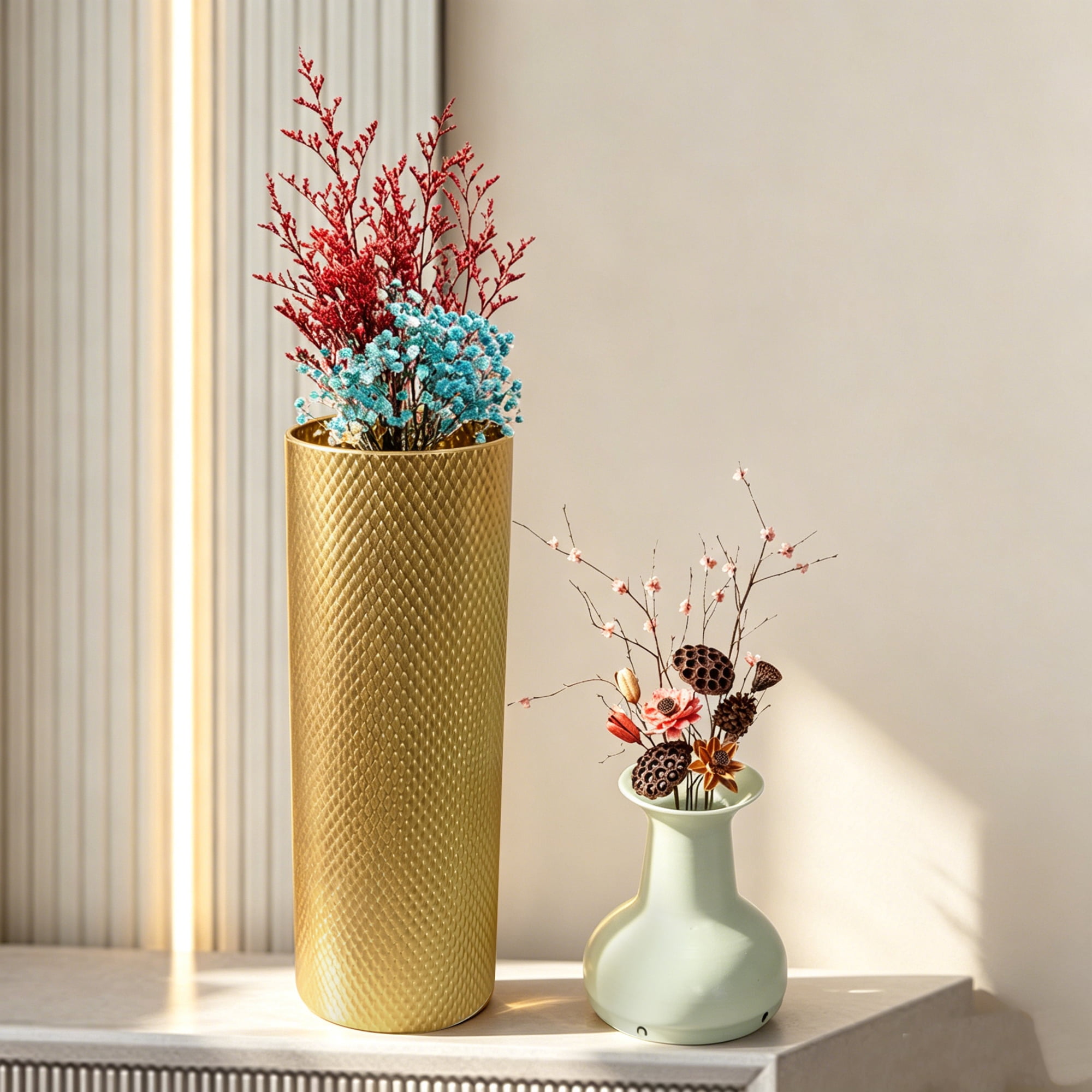 Leumius Decorative Metal Vases Set of 3, Gold Leaf Pattern Floor Vases, White & Gold Tall Vases for Home Decor, Living Room Entryway Decor