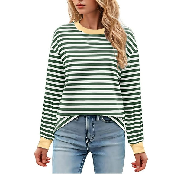 Erwazi Womens Long Sleeve Striped Shirts Loose Fit Casual Crewneck Sweatshirts Lightweight Trendy T-shirts Fall Tops
