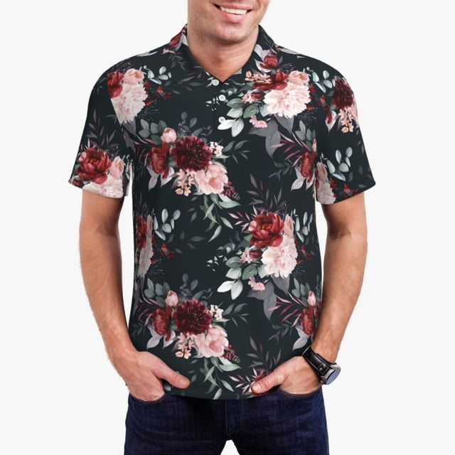 Fotbe Watercolor Floral Camiseta Polo de Golf para Hombre con Estampado – Camisa Deportiva Transpirable con Cuello Abotonado-3X-Large