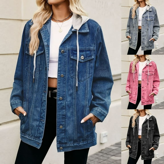 Plus Size Jean Jacket Womens Slim Retro Denim Jacket Drawstring Classic Loose Denim Casual Jacket Women's Denim Jackets Dark Blue L